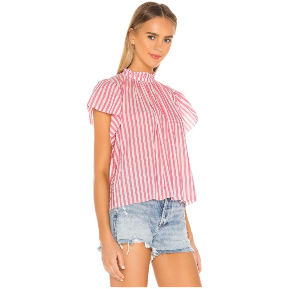 Birds of Paradis Trovata Carla Striped Ruffle Short Sleeve Top Pink White Medium